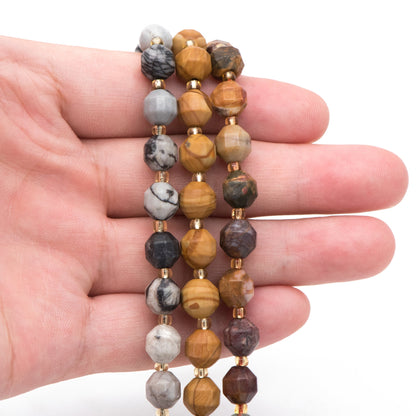 8x8.5mm Matte Black Network Jasper, Wood Grain Jasper, Picasso Jasper, Faceted Prism Gemstone Beads, Full 14.5 inch strands (TR-045)