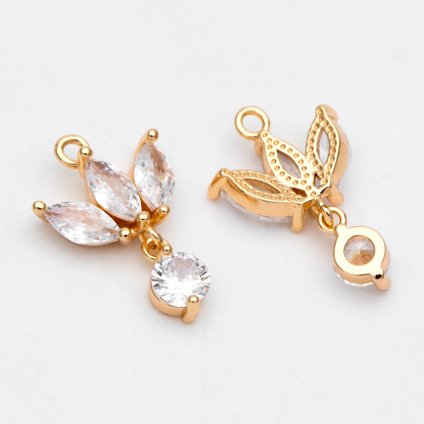 4pcs Gold CZ Pave Flower Charm 18x12mm, Real Gold plated Brass Leaf Pendants (GB-584-E)