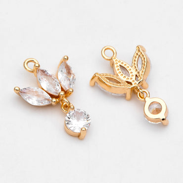 4pcs Gold CZ Pave Flower Charm 18x12mm, Real Gold plated Brass Leaf Pendants (GB-584-E)