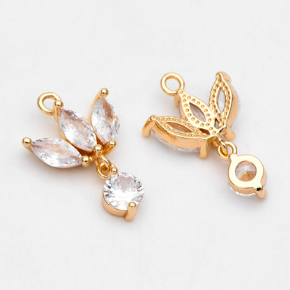 4pcs Gold CZ Pave Flower Charm 18x12mm, Real Gold plated Brass Leaf Pendants (GB-584-E)