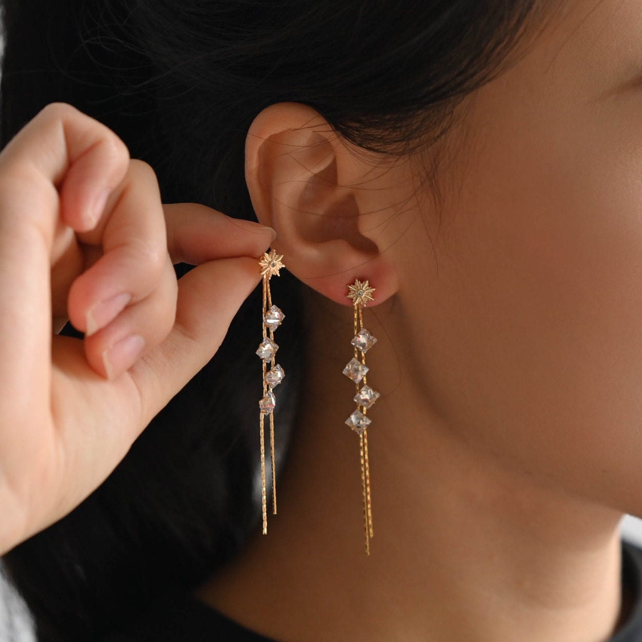 10pcs CZ Pave Gold Sun Ear Post, Real Gold Plated Brass Snowflake Stud Earrings (#GB-3041-M)