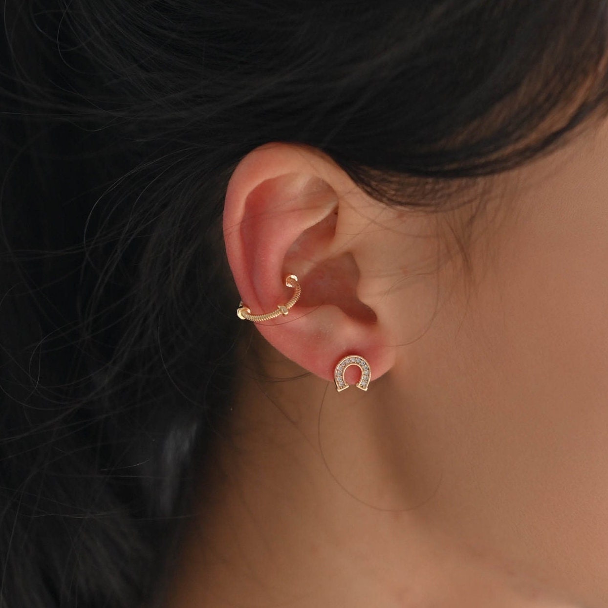 4pcs CZ Pave Horseshoe Ear Posts 8x8mm, Gold Plated Brass U Shaped Stud Earrings (#GB-3018)