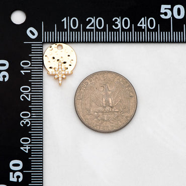 4pcs CZ Pave Gold North Star Charms 17x13mm, Hammered Round Disc Pendants (GB-3464-H)