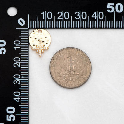 4pcs CZ Pave Gold North Star Charms 17x13mm, Hammered Round Disc Pendants (GB-3464-H)