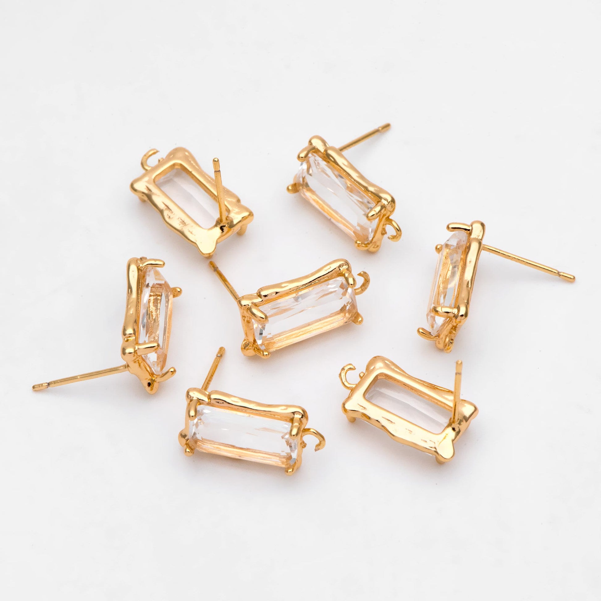 4pcs Glass Pave Rectangle Earring Studs, 18K Gold plated Brass Ear Posts, Geometric Earring Findings (#GB-3216)