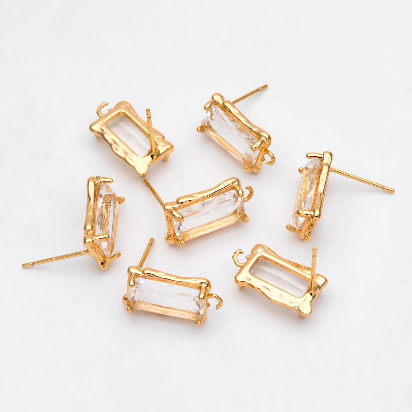 4pcs Glass Pave Rectangle Earring Studs, 18K Gold plated Brass Ear Posts, Geometric Earring Findings (#GB-3216)