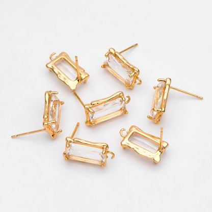 4pcs Glass Pave Rectangle Earring Studs, 18K Gold plated Brass Ear Posts, Geometric Earring Findings (#GB-3216)