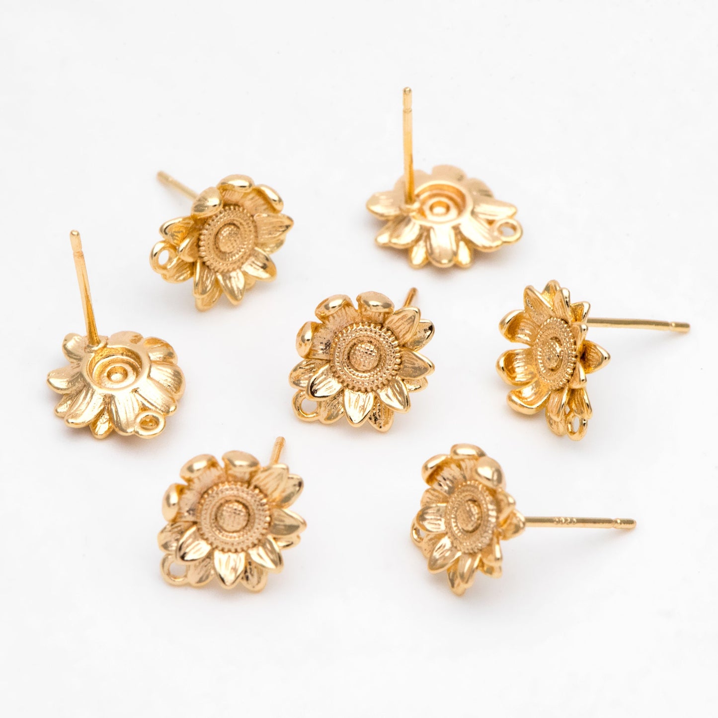 10pcs Gold Sunflower Earrings, Gold plated Brass Floral Stud Earring with Loop (GB-3224)