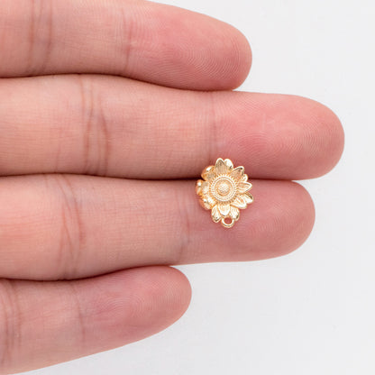 10pcs Gold Sunflower Earrings, Gold plated Brass Floral Stud Earring with Loop (GB-3224)