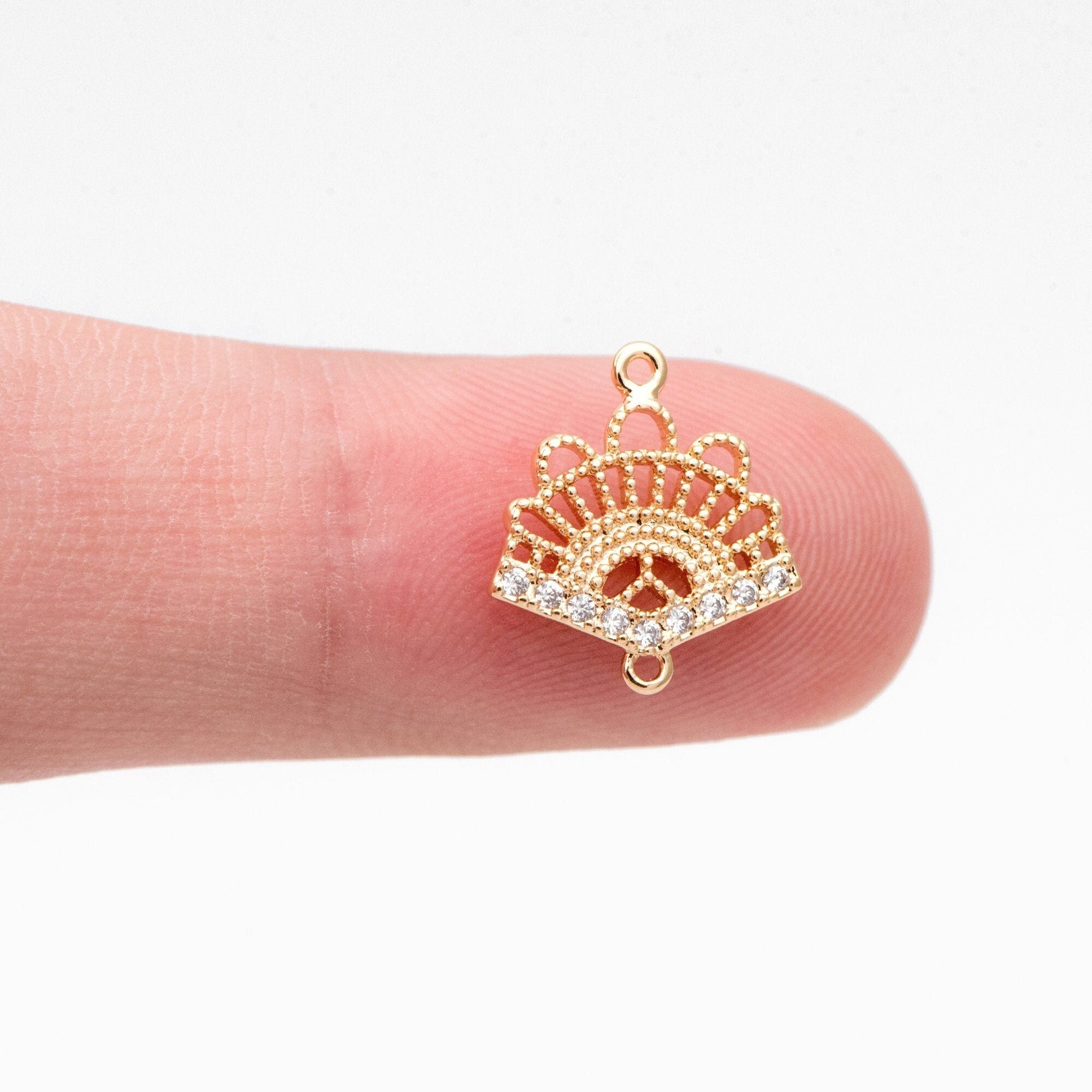 4pcs CZ Pave Gold Fan Shaped Connectors 13x12mm, Earring Findings, Jewelry Making, Diy Material, Jewelry Supplies (GB-3195)