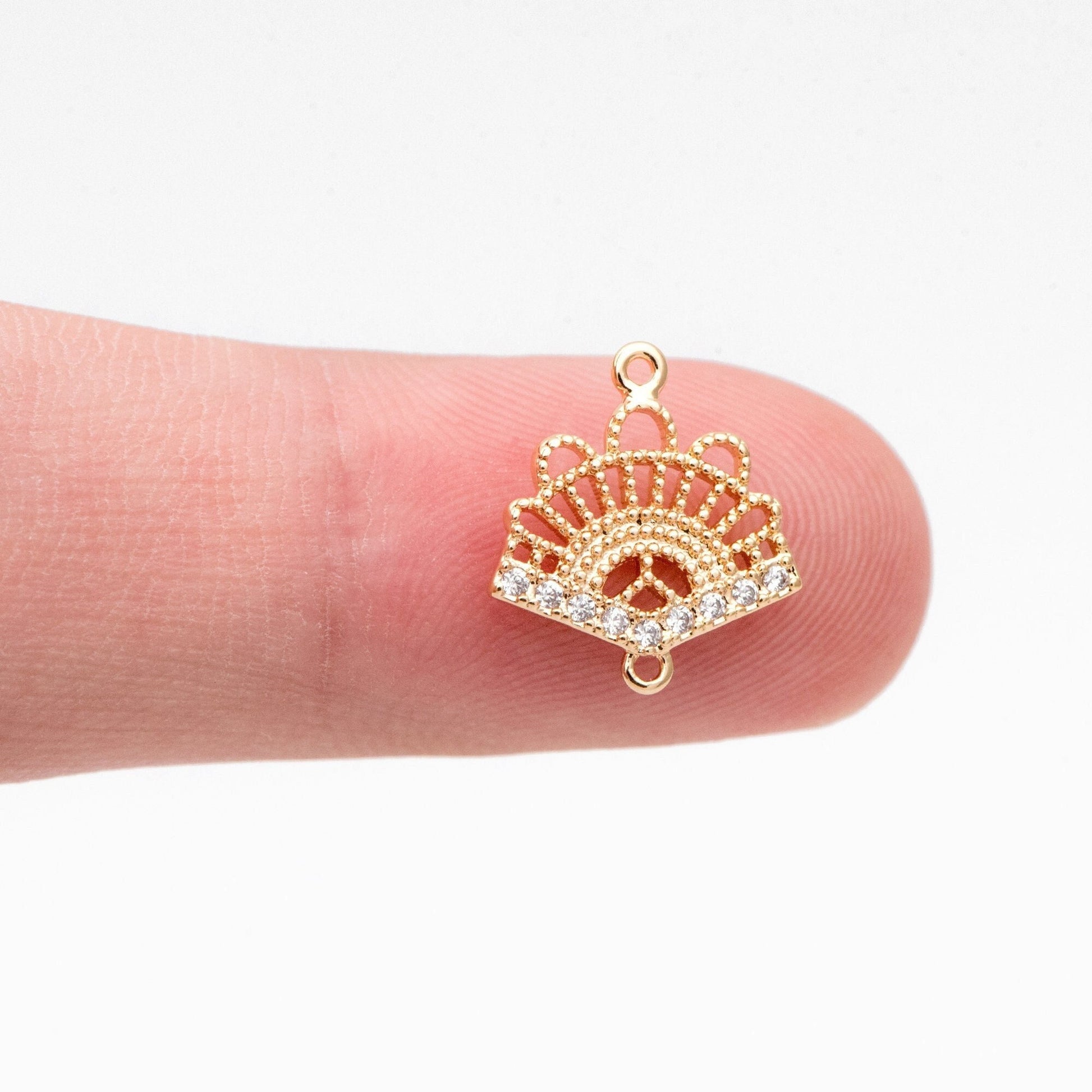 4pcs CZ Pave Gold Fan Shaped Connectors 13x12mm, Earring Findings, Jewelry Making, Diy Material, Jewelry Supplies (GB-3195)