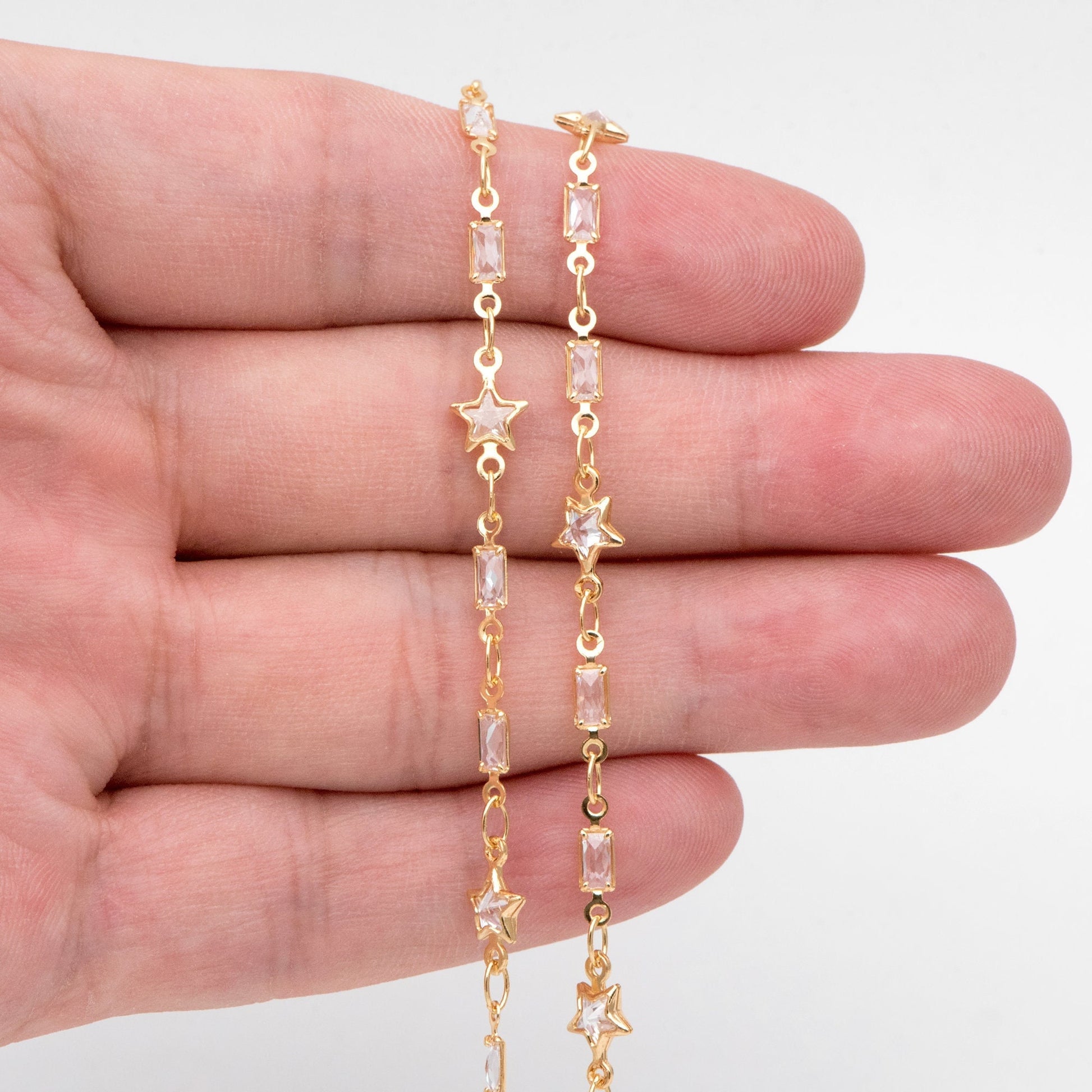 Cubic Zircon Chains, Gold CZ pave Rectangle and Star Bezel Connector Chain, 18K Gold plated Brass Chain (#LK-559)/ 1 Meter=3.3ft
