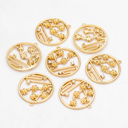 4pcs CZ Pave Gold Round Flower Charms, 18K Gold plated Brass, Branch Pendants (GB-3118-G)