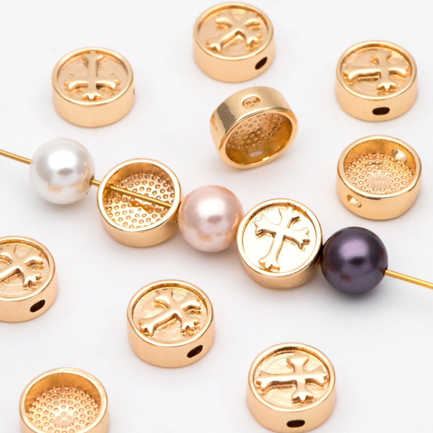10pcs Gold Round Cross Spacer Beads 10mm, Real Gold plated Brass Spacer Beads (GB-3185)