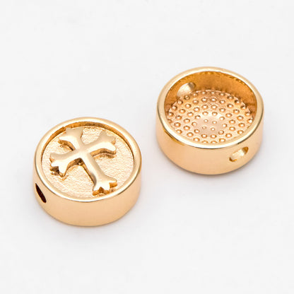 10pcs Gold Round Cross Spacer Beads 10mm, Real Gold plated Brass Spacer Beads (GB-3185)