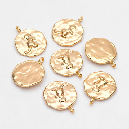 4pcs Gold Round Dinosaur Charm, 18K Gold plated Brass, Disk Pendants (GB-3464-D)