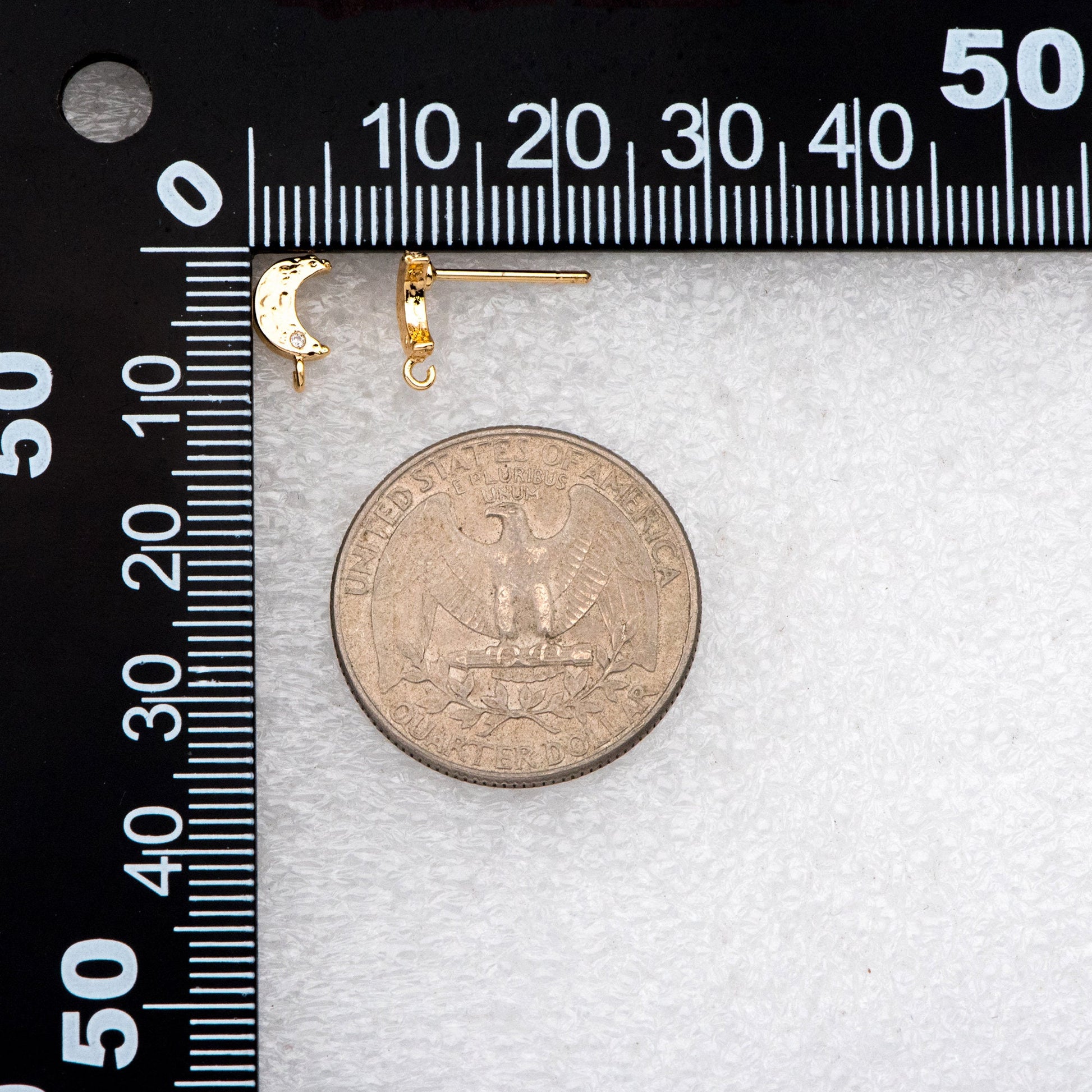 10pcs CZ Paved Moon Earring Post with Loop, 9mm, Real Gold/ Rhodium Plated Brass Stud Earrings (#GB-3206)