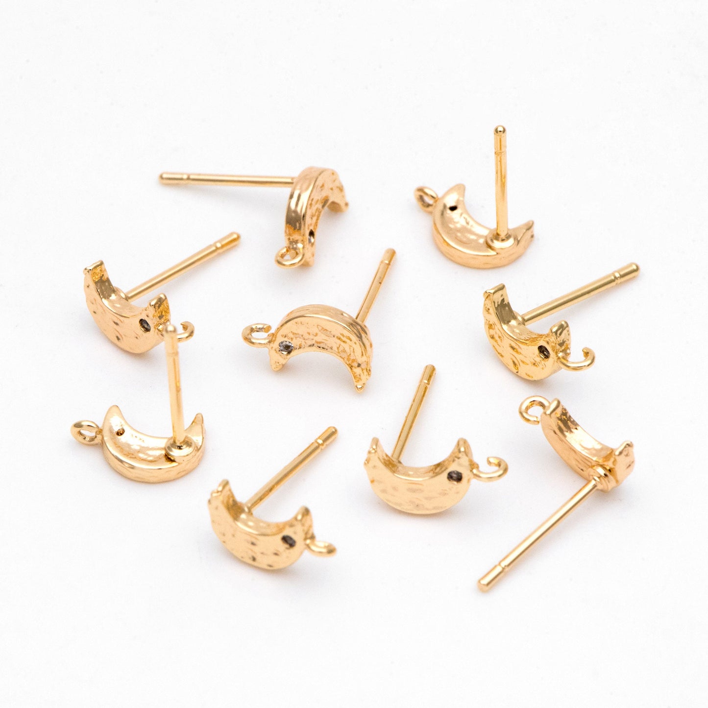 10pcs CZ Paved Moon Earring Post with Loop, 9mm, Real Gold/ Rhodium Plated Brass Stud Earrings (#GB-3206)