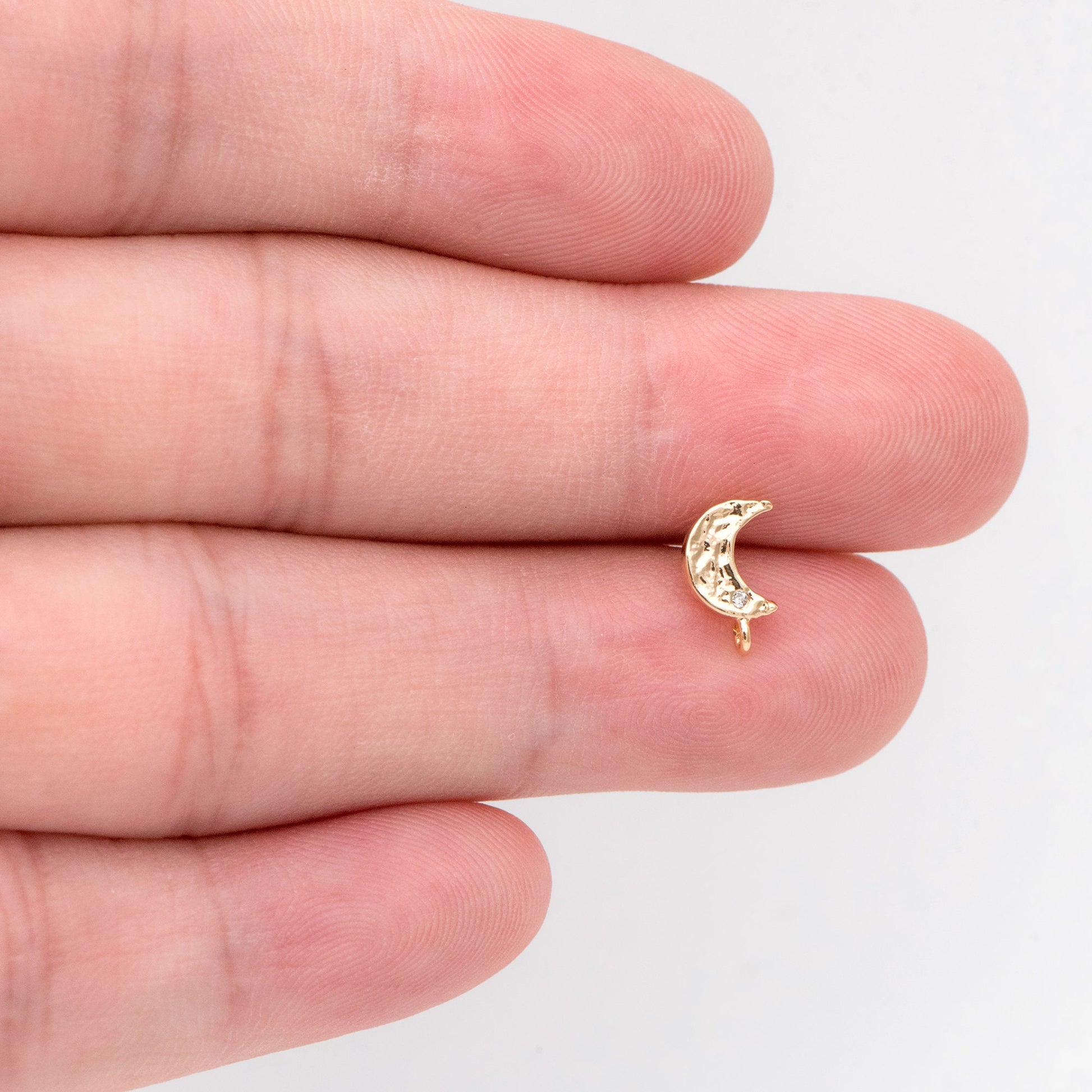 10pcs CZ Paved Moon Earring Post with Loop, 9mm, Real Gold/ Rhodium Plated Brass Stud Earrings (#GB-3206)