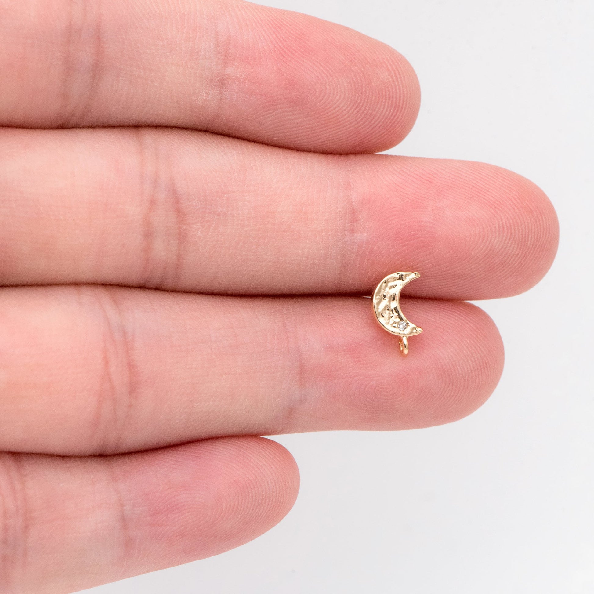 10pcs CZ Paved Moon Earring Post with Loop, 9mm, Real Gold/ Rhodium Plated Brass Stud Earrings (#GB-3206)