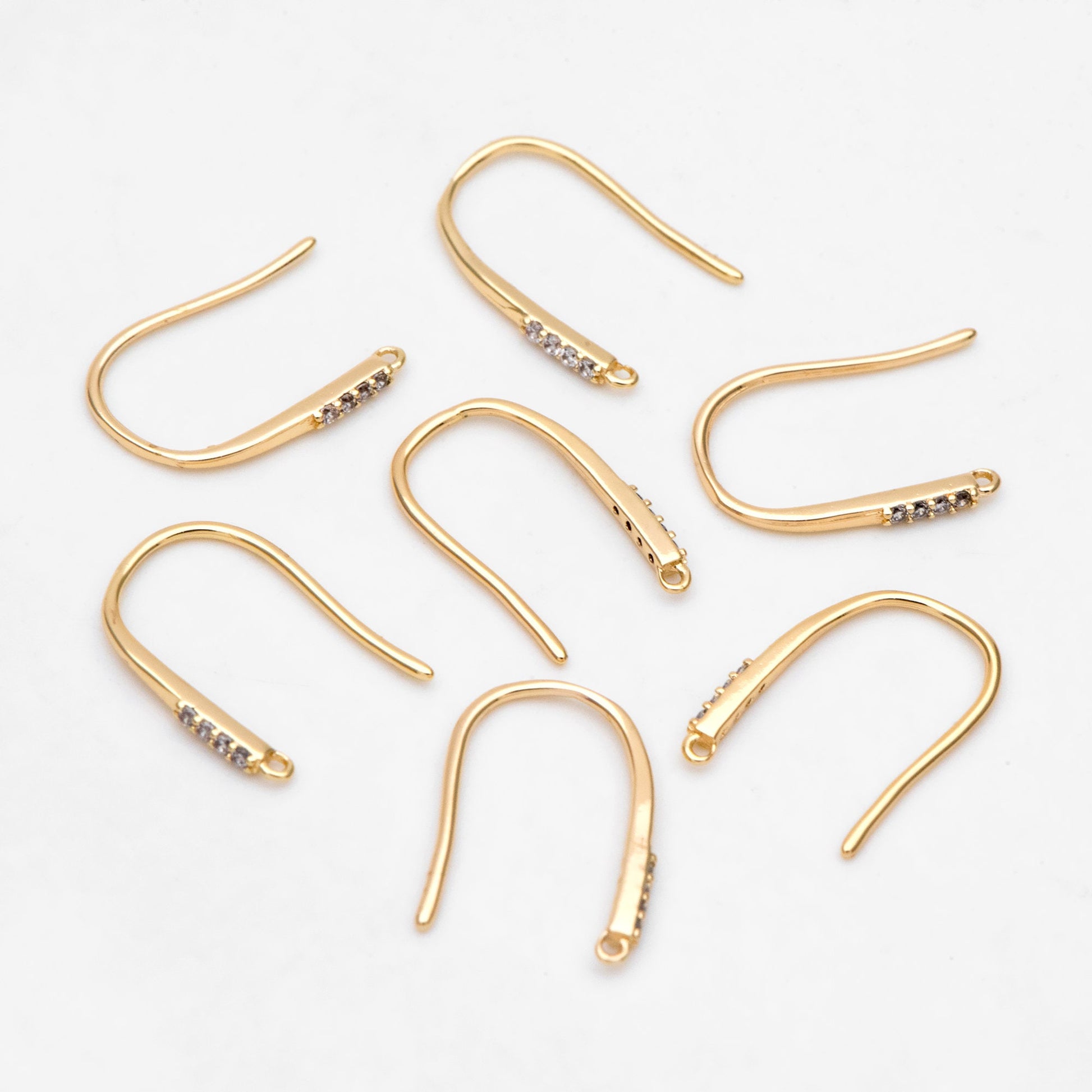 10pcs CZ Pave Gold Earring Hooks, 18K Gold plated Brass Earwires, Shiny Earring Components Wholesale (GB-3207)