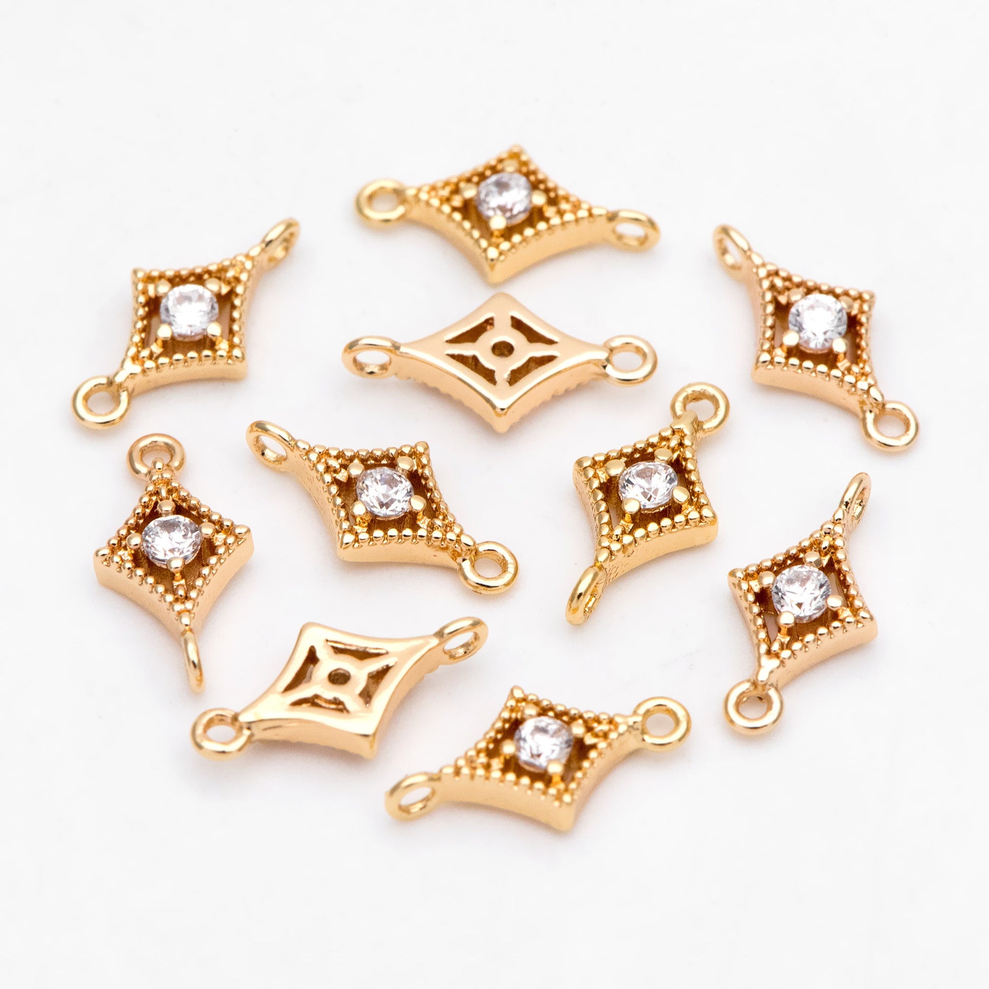10pcs CZ pave Gold Rhombus Charms 11x6mm, 18K Gold plated Brass, Geometric Connector Pendants (GB-3209)