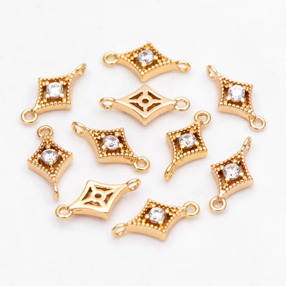 10pcs CZ pave Gold Rhombus Charms 11x6mm, 18K Gold plated Brass, Geometric Connector Pendants (GB-3209)
