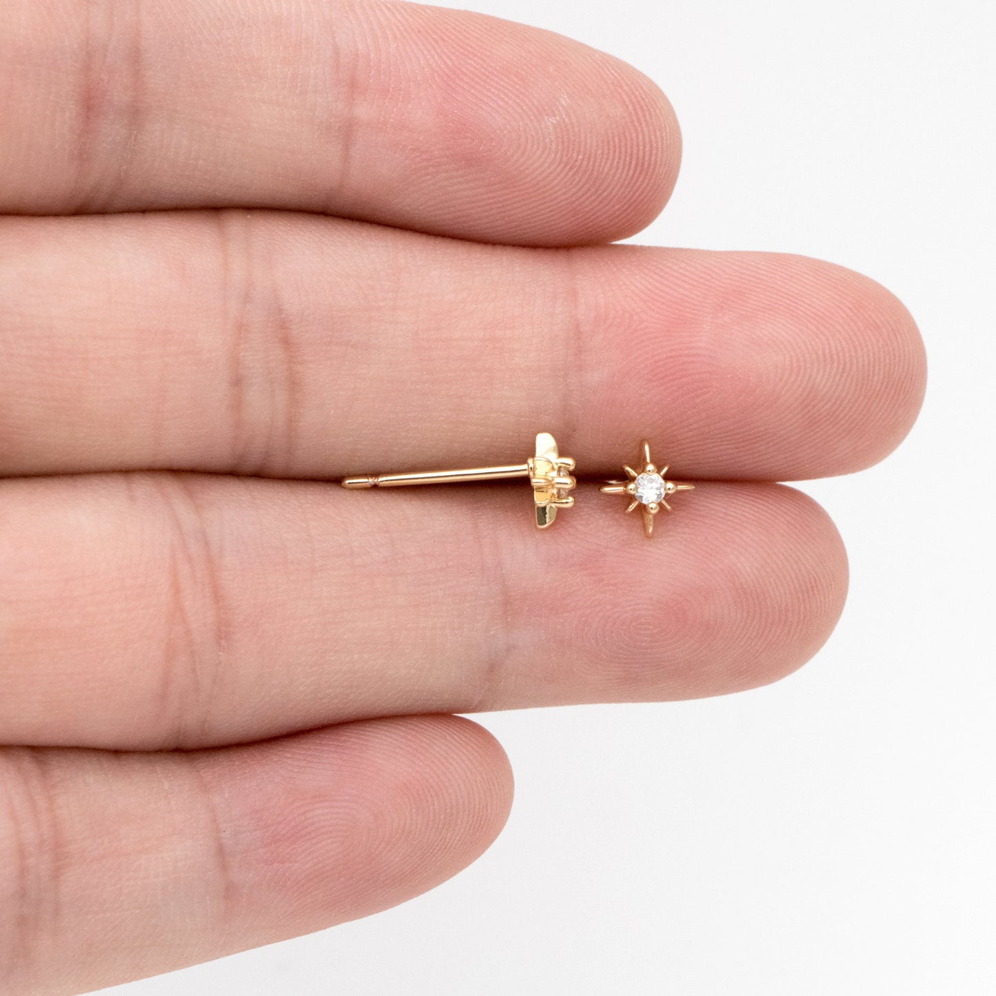 10pcs CZ Pave North Star Ear Posts, 6mm, Real Gold/ Rhodium Plated Brass Star Stud Earrings (#GB-3041-C)