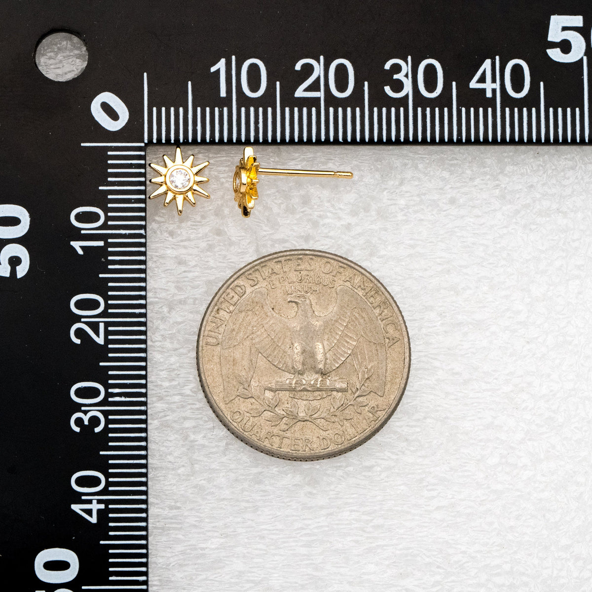 10pcs CZ Pave Gold Sun Ear Posts 8x7mm, Real Gold/ Rhodium Plated Brass Stud Earrings (#GB-3041-J)