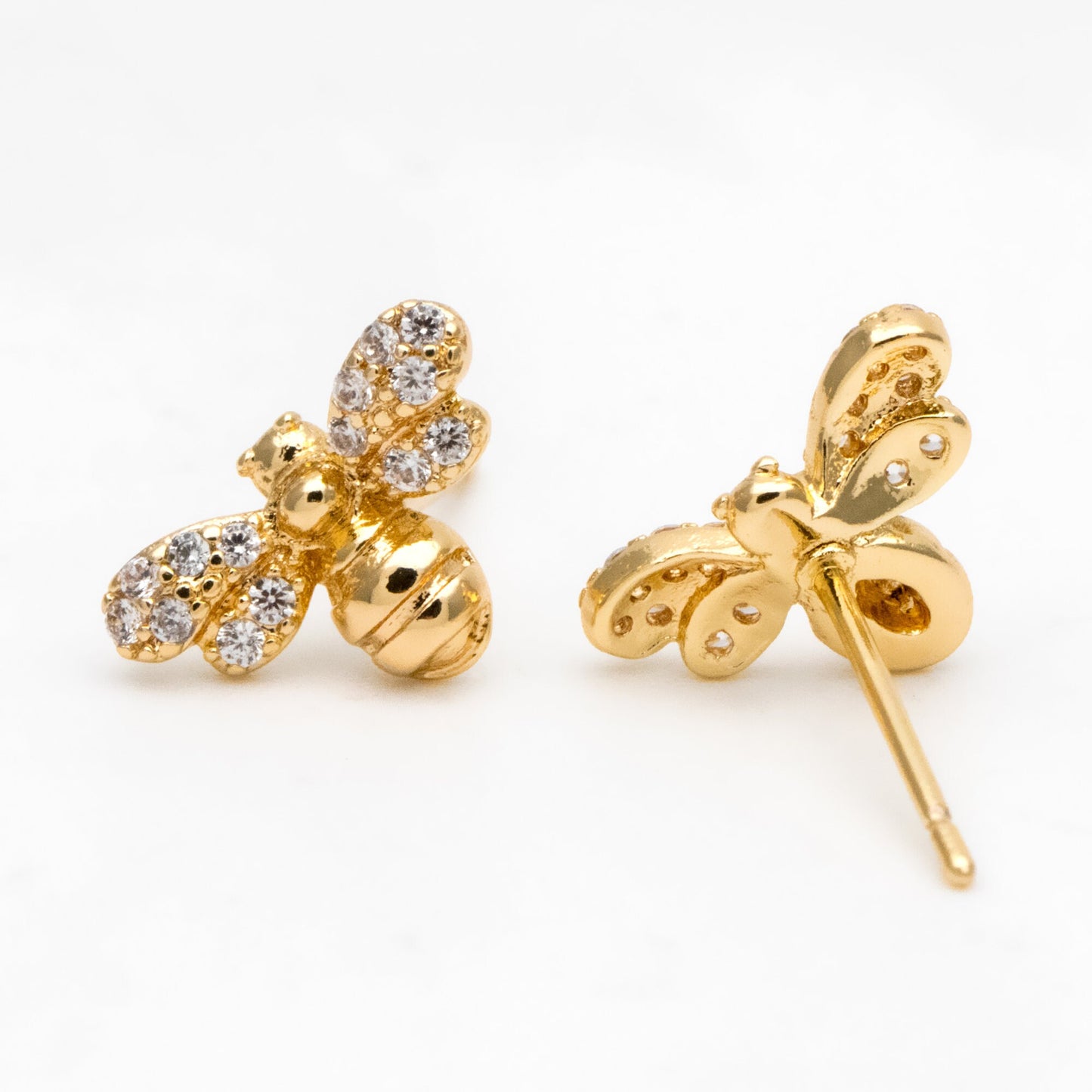 4pcs CZ pave Gold Bee Ear posts 8x12mm, Real Gold Plated Brass Stud Earrings (GB-3278)