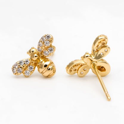 4pcs CZ pave Gold Bee Ear posts 8x12mm, Real Gold Plated Brass Stud Earrings (GB-3278)