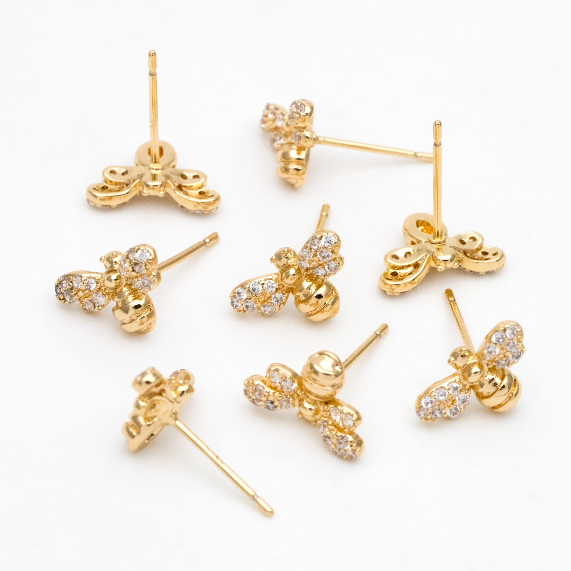 4pcs CZ pave Gold Bee Ear posts 8x12mm, Real Gold Plated Brass Stud Earrings (GB-3278)