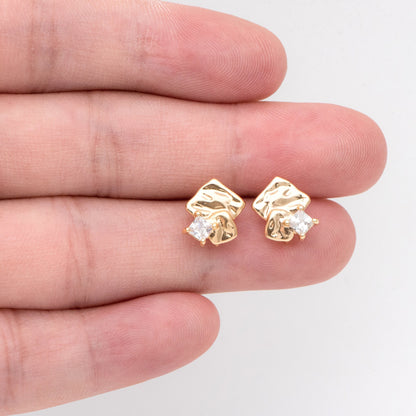 4pcs CZ Pave Rough Square Stud Earring With Loop, Real Gold/ Rhodium Plated Brass Geometric Earring Studs (GB-3169)