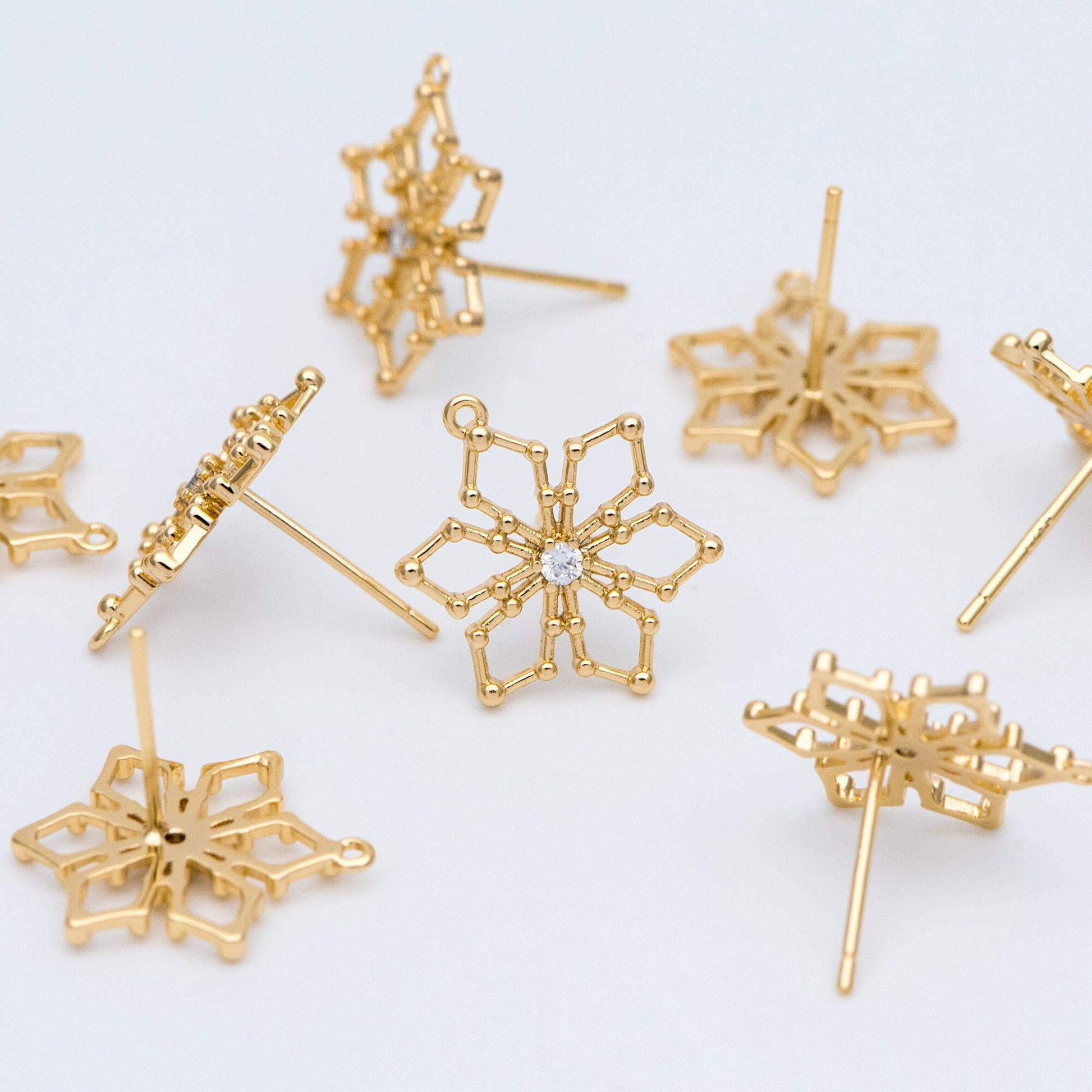 10pcs CZ Pave Snowflake Ear Posts 15mm, Real Gold Plated Brass Earrings, Sterling Silver Stud (GB-740)
