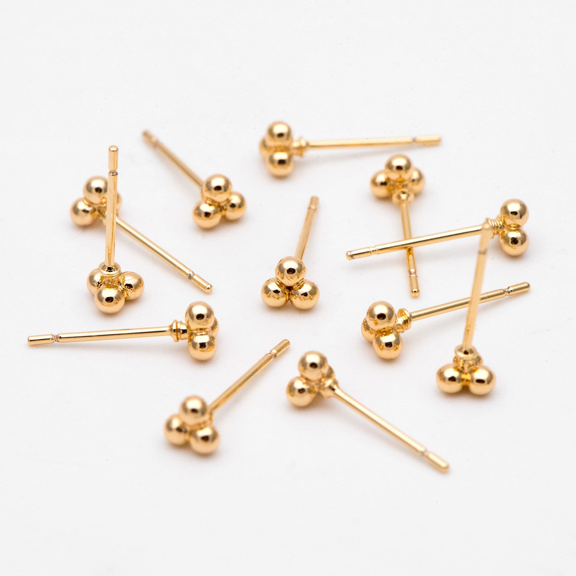 10pcs Extra Tiny Three Ball Stud Earrings, Gold/ Rhodium Plated Brass Stud Earrings, DIY Ear Findings (GB-3268)