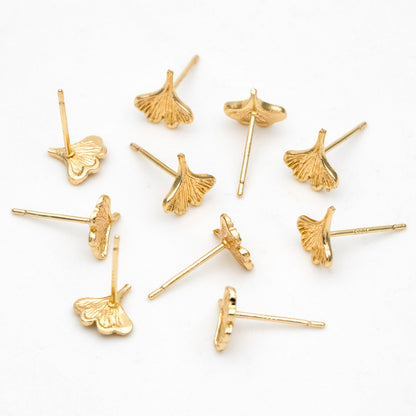 10pcs Gold/ Silver Ginkgo Leaf Ear Posts 9x8mm, Gold/ Rhodium Plated Brass Minimalist Stud Earrings (GB-3290)