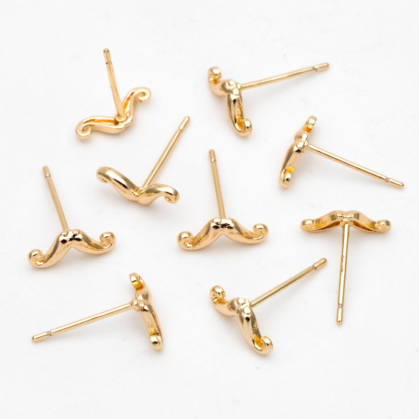10pcs Gold Mustache Ear Posts 4x10mm, Gold Plated Brass Minimalist Stud Earrings (GB-3292)