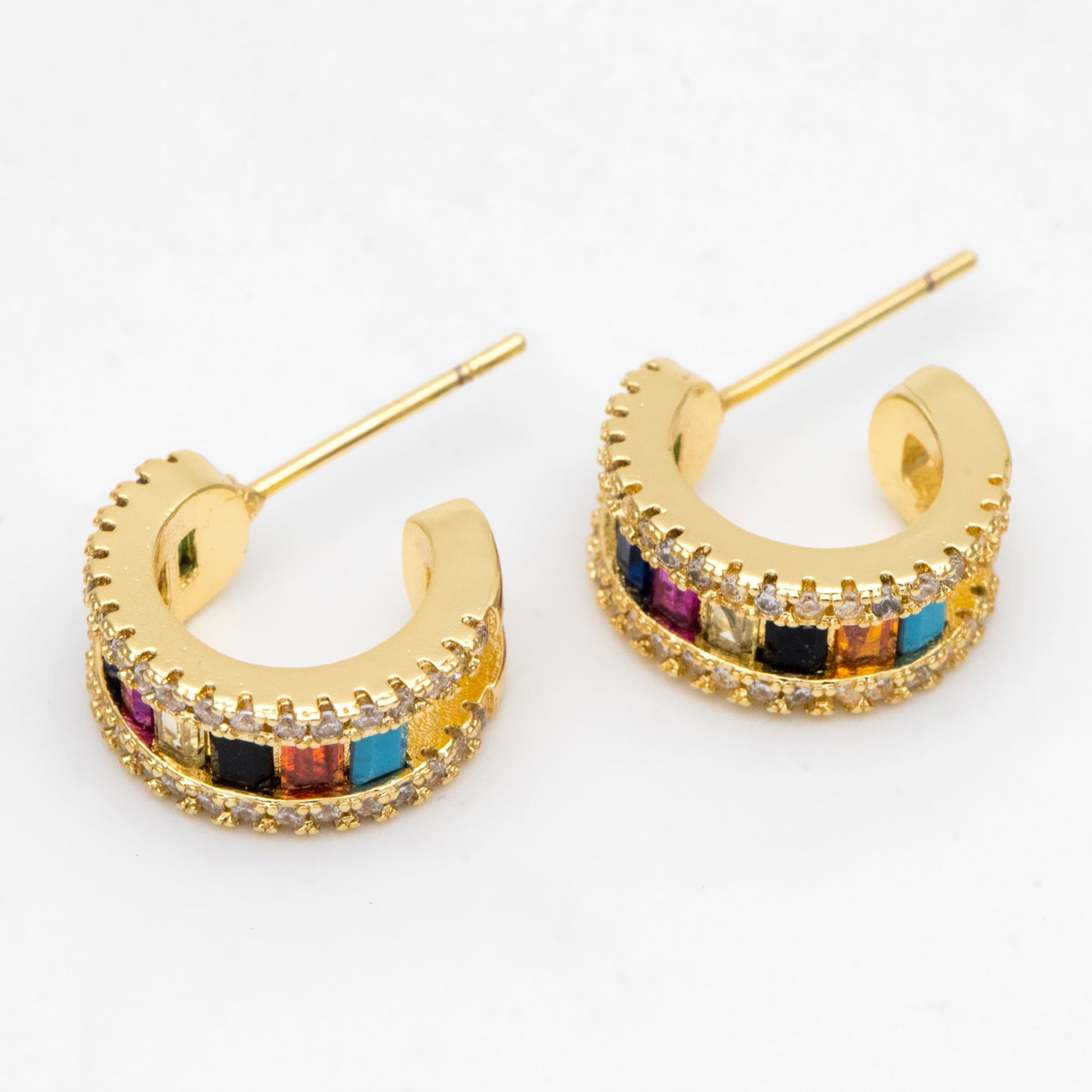 4pcs CZ Pave Earring Studs, 15mm, 18K Gold Plated Brass, Colorful Rainbow Ear Posts (GB-3238)