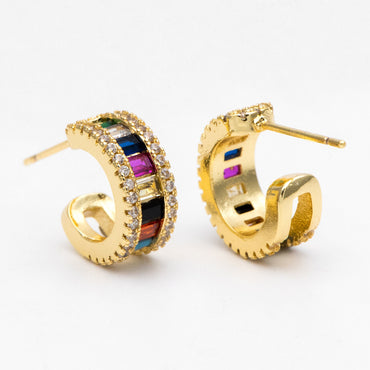 4pcs CZ Pave Earring Studs, 15mm, 18K Gold Plated Brass, Colorful Rainbow Ear Posts (GB-3238)