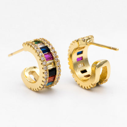 4pcs CZ Pave Earring Studs, 15mm, 18K Gold Plated Brass, Colorful Rainbow Ear Posts (GB-3238)
