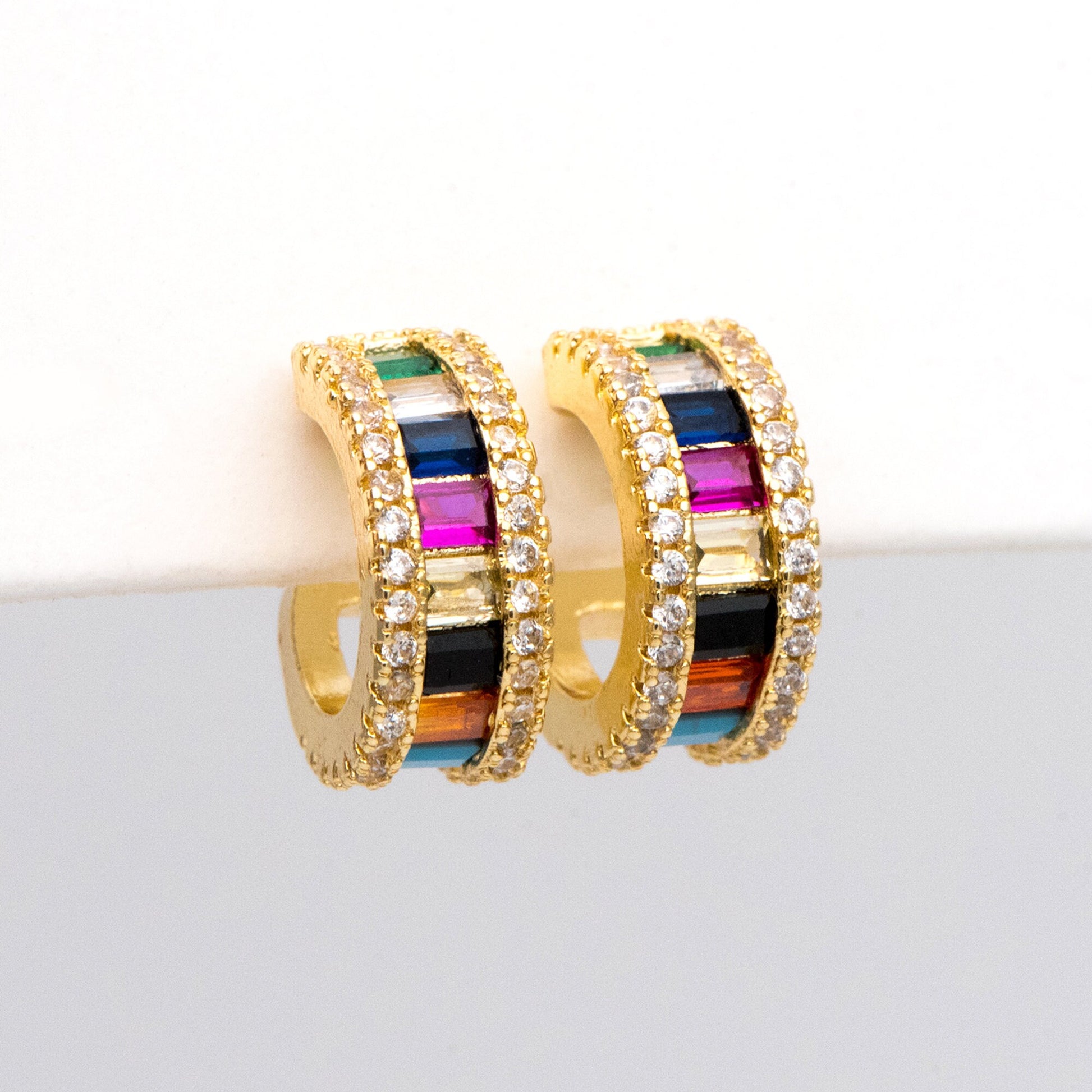 4pcs CZ Pave Earring Studs, 15mm, 18K Gold Plated Brass, Colorful Rainbow Ear Posts (GB-3238)