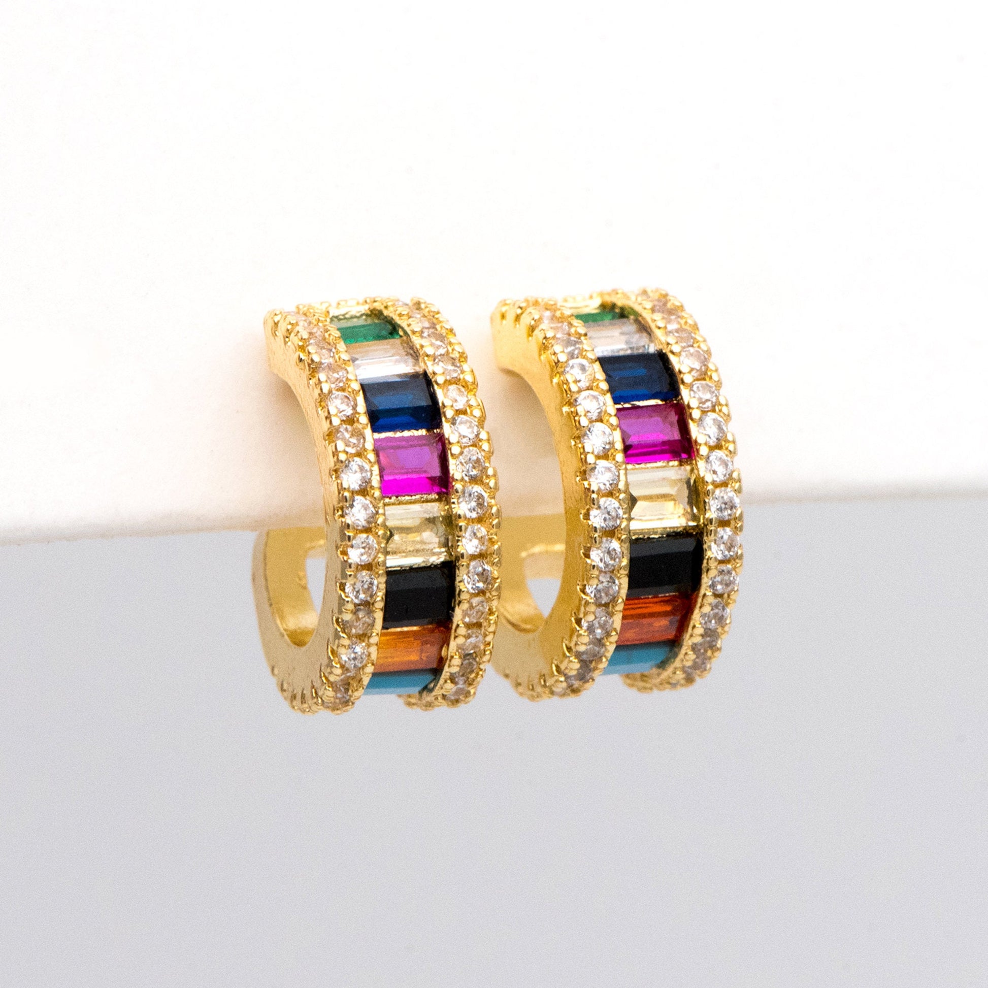 4pcs CZ Pave Earring Studs, 15mm, 18K Gold Plated Brass, Colorful Rainbow Ear Posts (GB-3238)