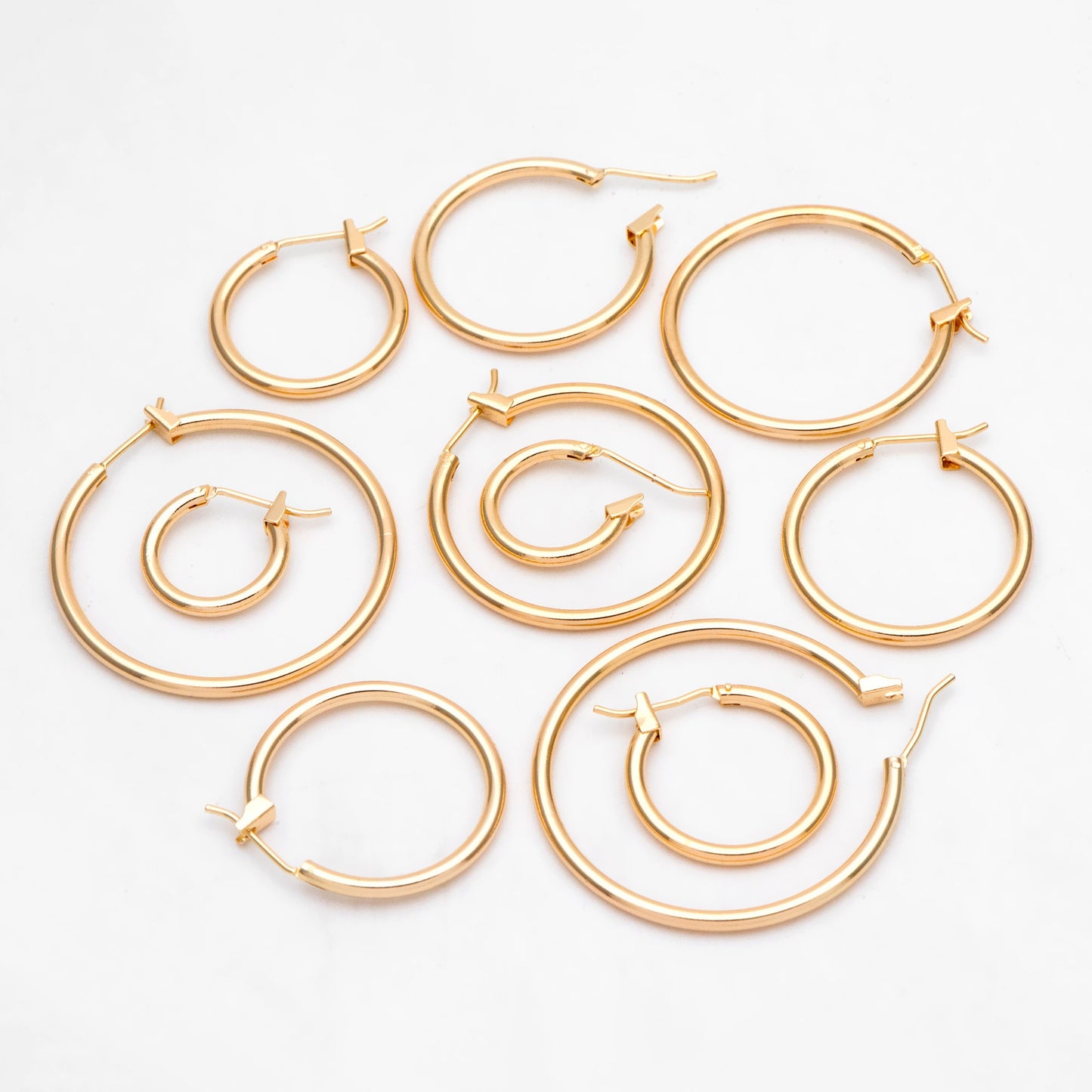 10pcs Gold Hoop Earrings, 2mm Thick, Size 15/20/25/30/35mm, 18K gold plated on Brass, Classic Hoop Earrings (GB-3270)