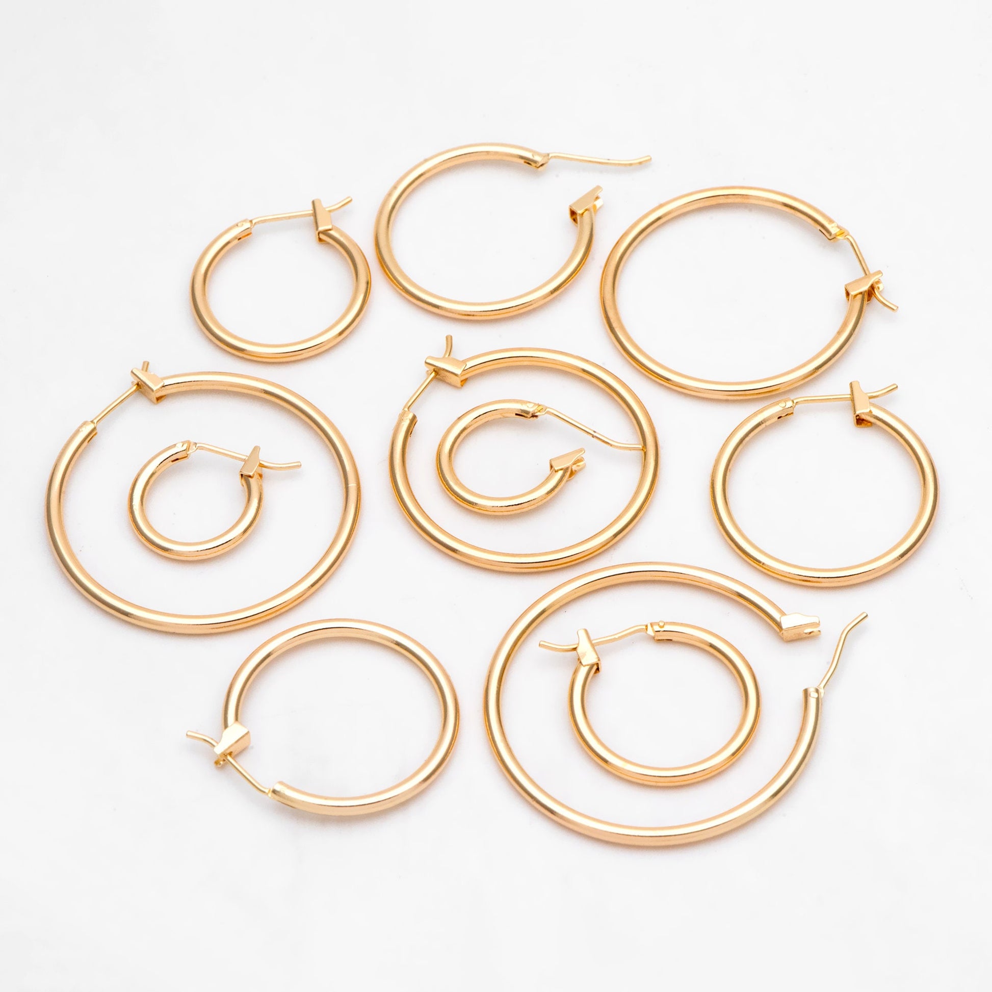 10pcs Gold Hoop Earrings, 2mm Thick, Size 15/20/25/30/35mm, 18K gold plated on Brass, Classic Hoop Earrings (GB-3270)