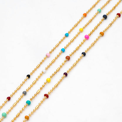 Mix Color Enamel Bead Chains: Gold Plated Brass Rainbow Chain, (#LK-579)/ 1 Meter