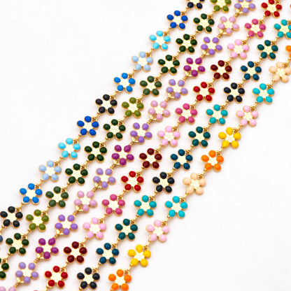 Mix Color Enamel Flower Chain, Gold Plated Brass Designer Chain 6mm, Floral Link Chain Findings (#LK-581)/ 1 Meter=3.3ft