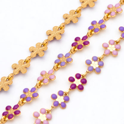 Mix Color Enamel Flower Chain, Gold Plated Brass Designer Chain 6mm, Floral Link Chain Findings (#LK-581)/ 1 Meter=3.3ft