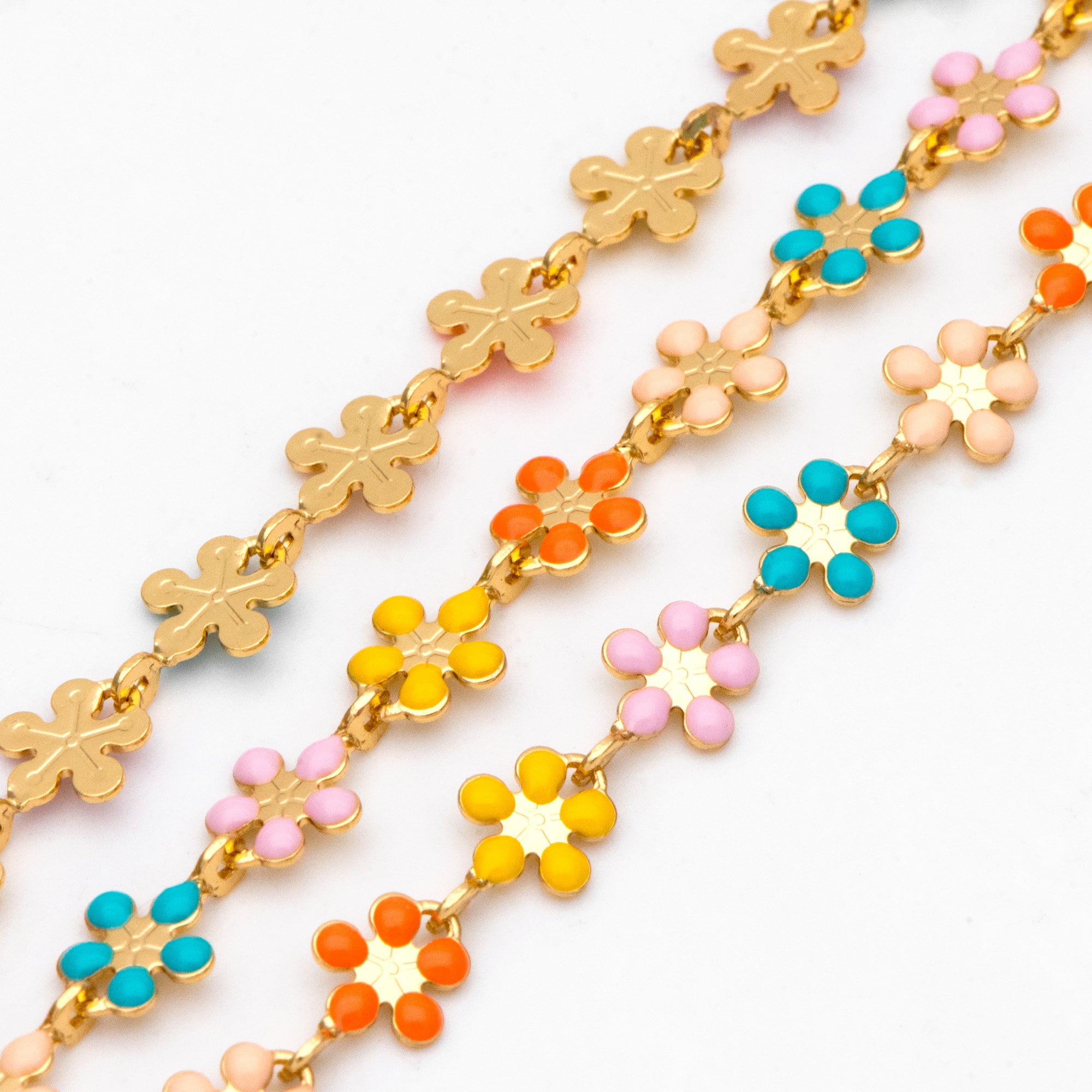 Mix Color Enamel Flower Chain, Gold Plated Brass Designer Chain 6mm, Floral Link Chain Findings (#LK-581)/ 1 Meter=3.3ft