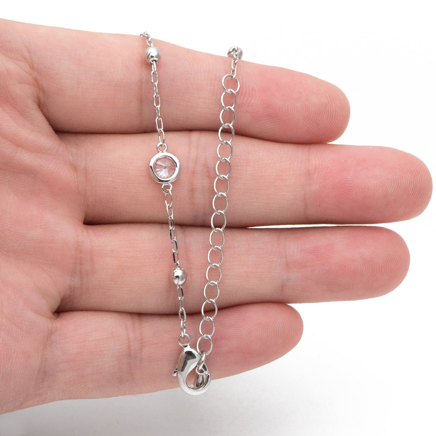 Adjustable Necklace with Extender, Rhodium plated Brass, CZ Pave Beaded Chain, 16-18 inch, Ready to Wear (#LK-338-2)