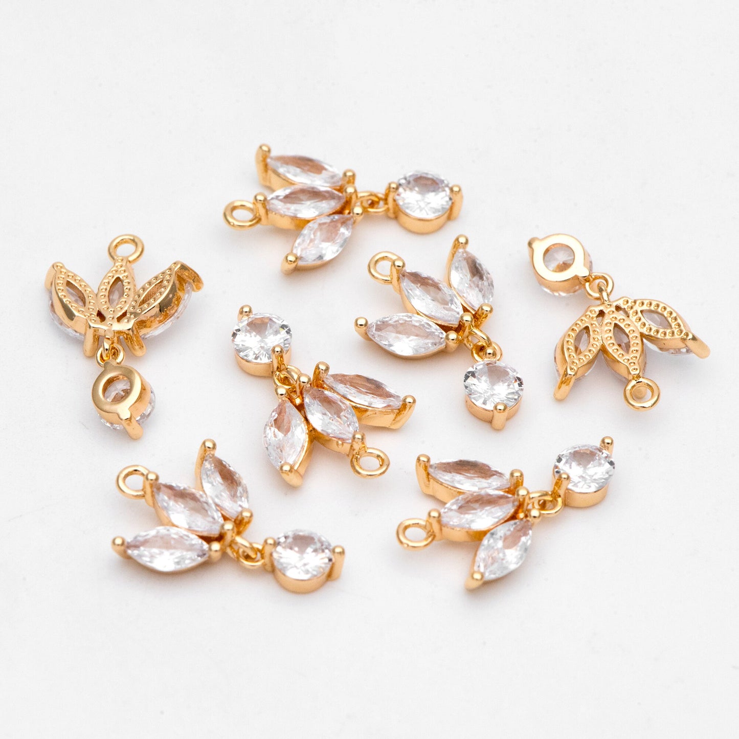 4pcs Gold CZ Pave Flower Charm 18x12mm, Real Gold plated Brass Leaf Pendants (GB-584-E)